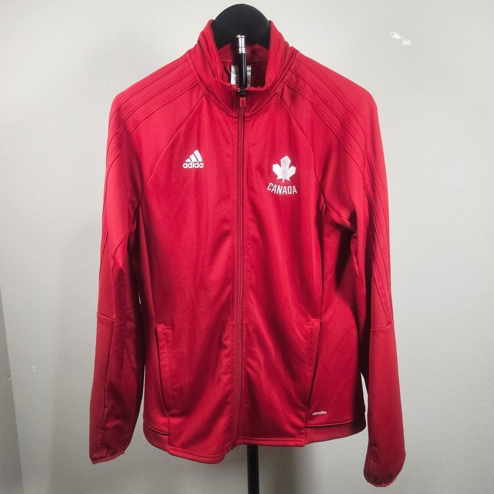 Adidas Track Jacket Womens M Red Canada Climalite Full Zip Athletic Sporty Core